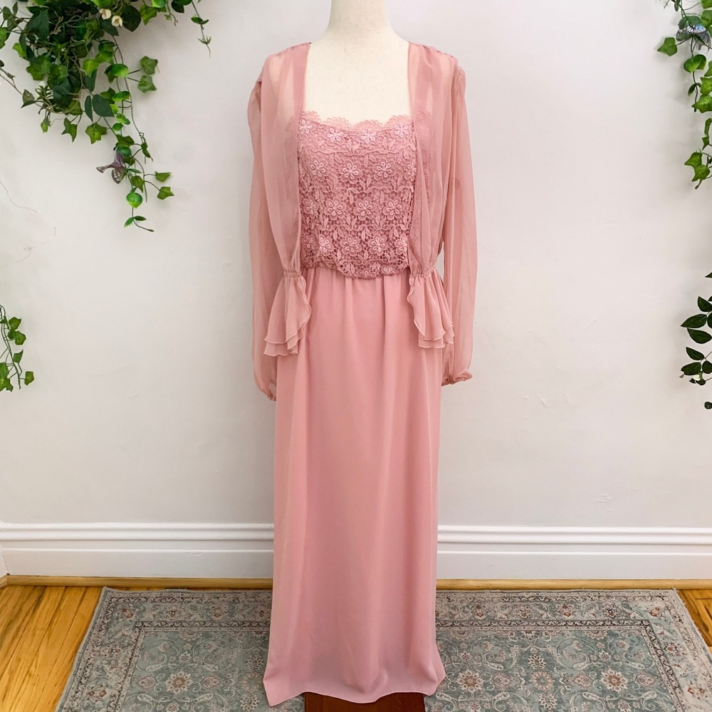 Vintage 70's Pink Maxi Dress Sheer Jacket 2 piece set